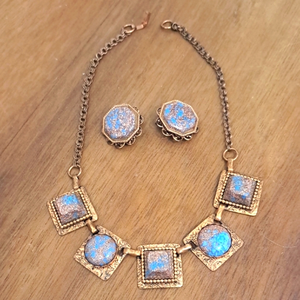 Copper Vintage Elegant Gold and Blue Jewelry Set